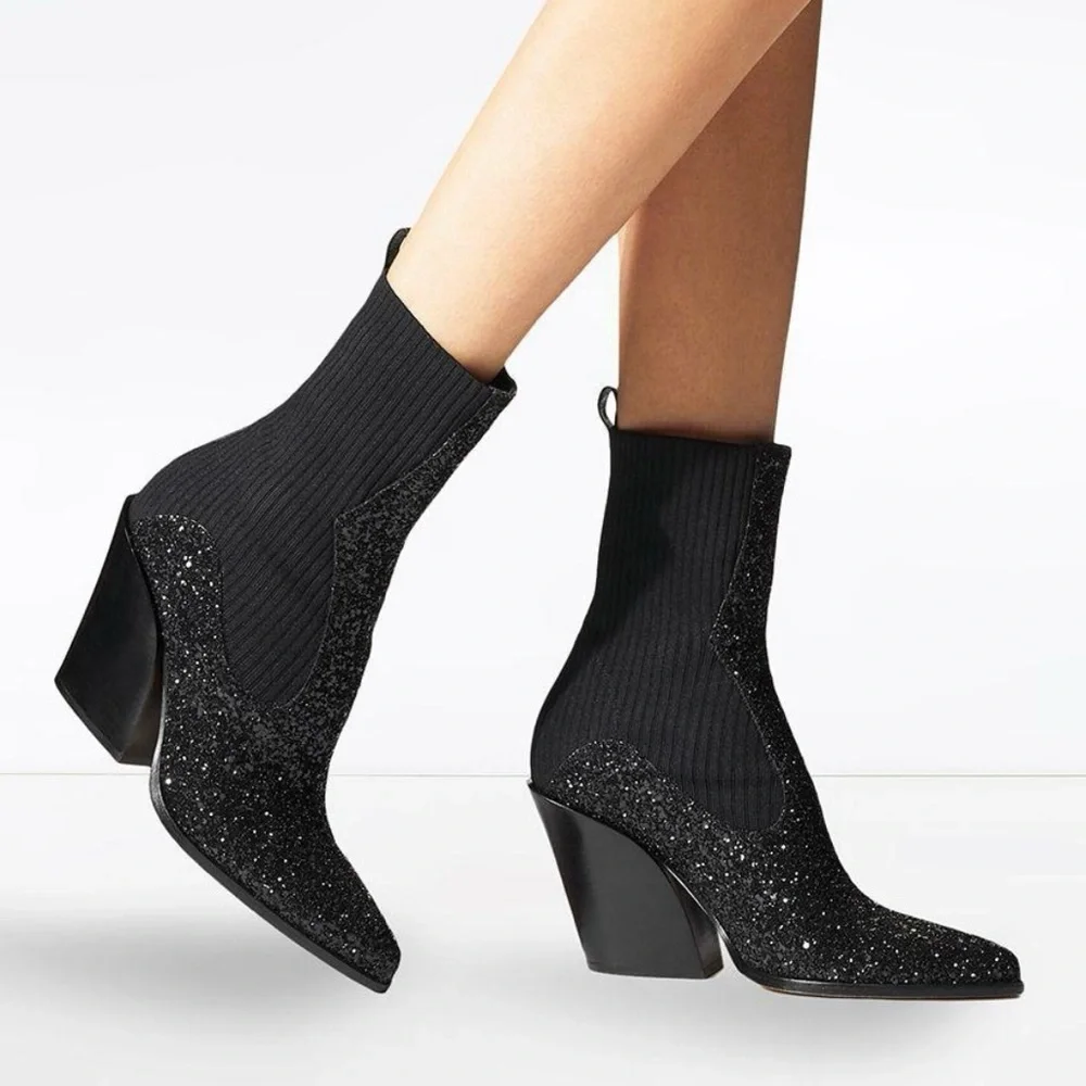 Jimmy Choo Mele Glitter 85 Chelsea Stretch Knit Block Heel Ankle Boots Black 36